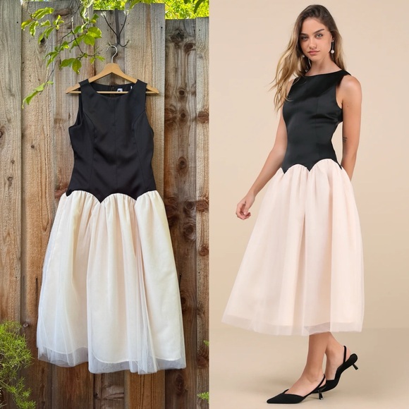 Lulus Dresses & Skirts - Black and Cream Satin Drop-Style Waist Tulle Midi Dress 🌿